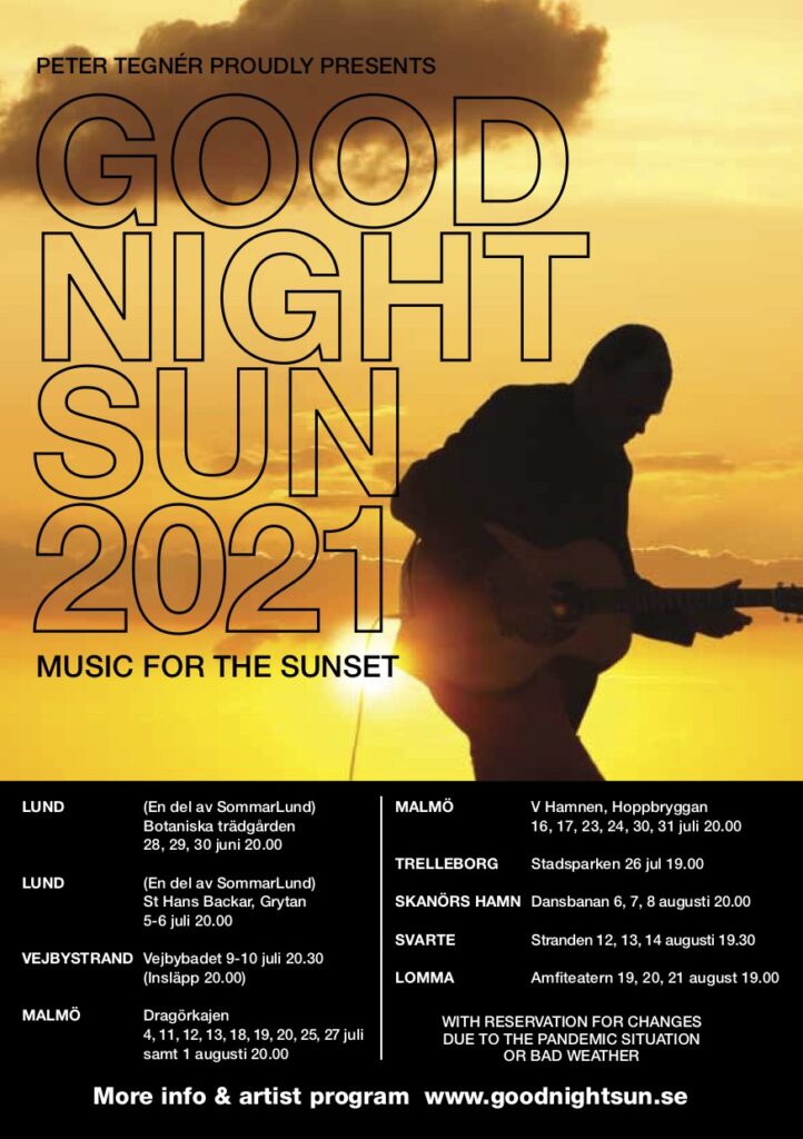 Goodnight Sun 2021 - silhouette of Peter Tegnér playing guitar in sunset